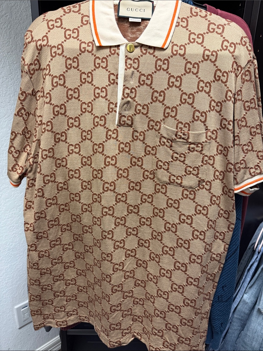 Gucci Brown GG Monogram Beige Polo with Contrast Trim